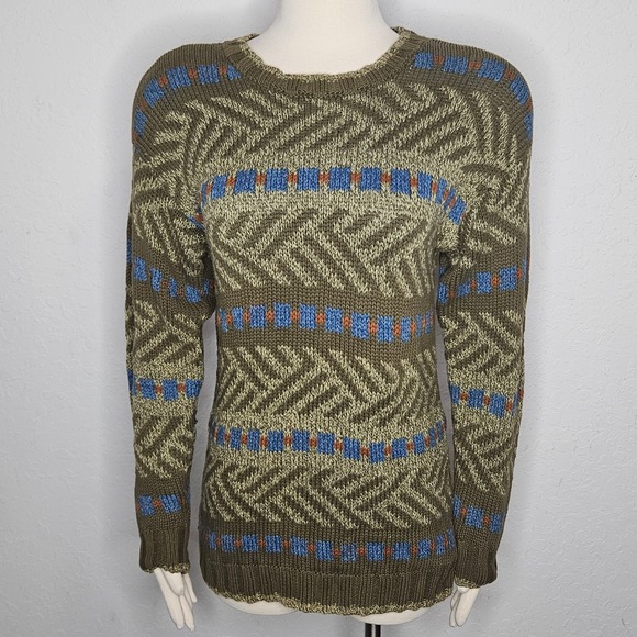 lizwear Sweaters - Vintage Lizwear Petites Cotton Knit Sweater Olive Geometric Crew Pullover Sz SP